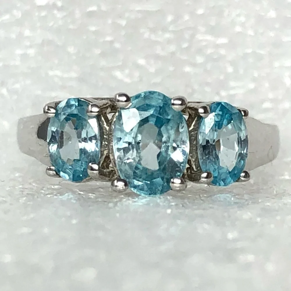 Blue Cambodian Zircon Ring Size 6 Three Stone Rhodium Over Sterling Silver